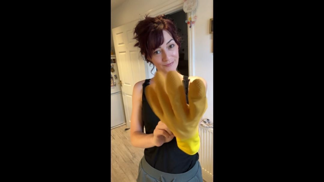 MOMMY WASHING UP IN LATEX RUBBER GLOVES AND SOAP