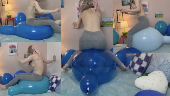 Pushing 4 Big Blue Balloons to the Limit Sit Pop