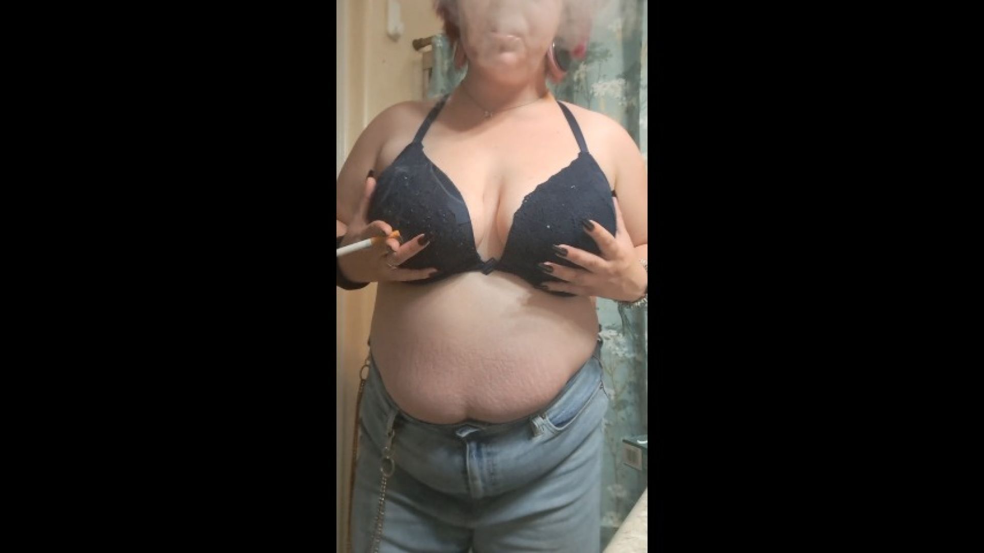 Topless smoking in jeans