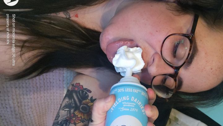 Fat FeeDee stuffs squirty cream down mouth and on tits