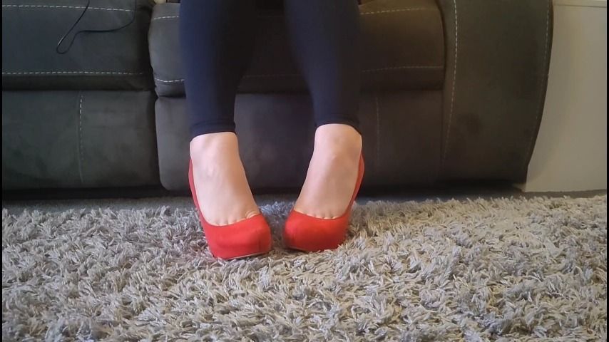 Red platform heels tease and remove