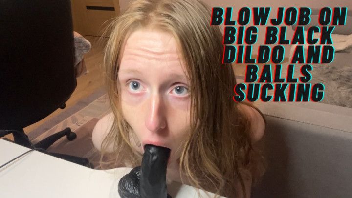 Blowjob on big black dildo and balls sucking