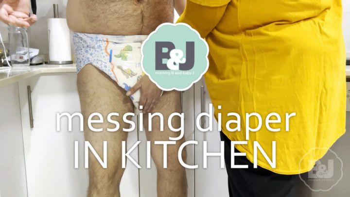 Messing diaper in kitchen