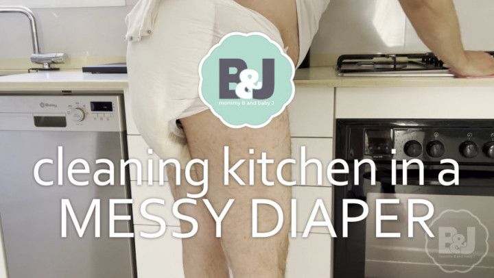 Cleaning kitchen in a messy diaeper