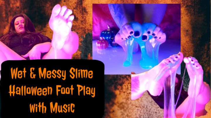 Wet and messy Halloween slime foot play with music