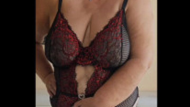 BBW Mature Granny in red lingerie. She shows hairy pussy