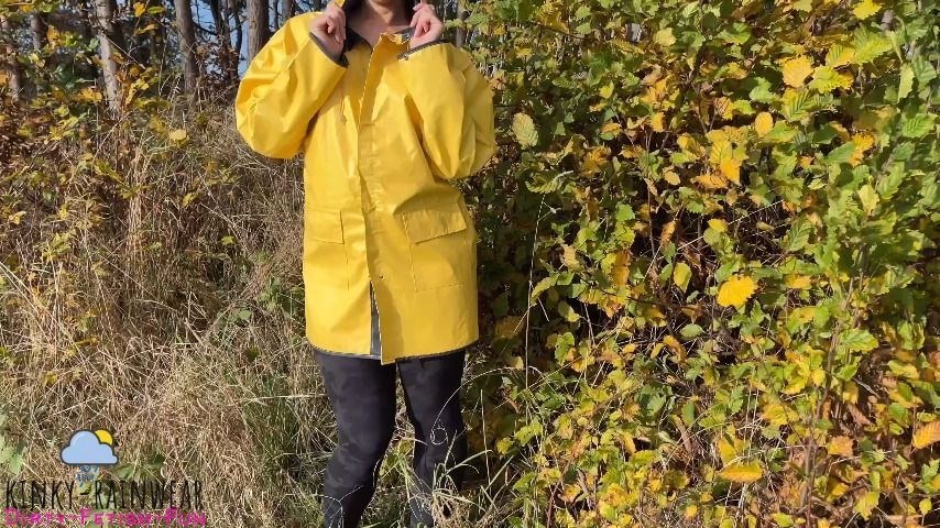 teen in yellow raincoat risky public outdoor flashing