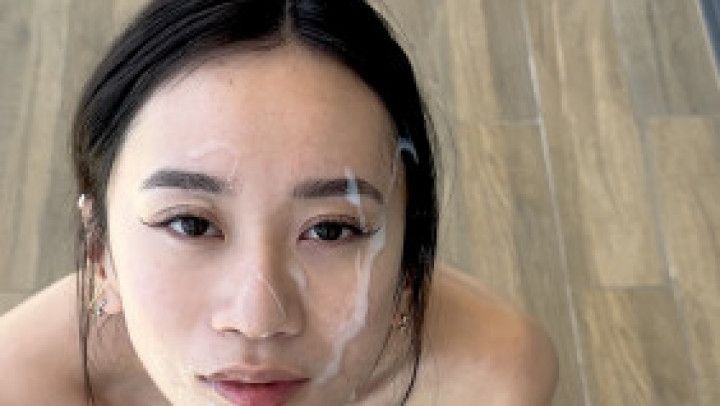 Asian wife sloppy balcony blowjob and facial POV