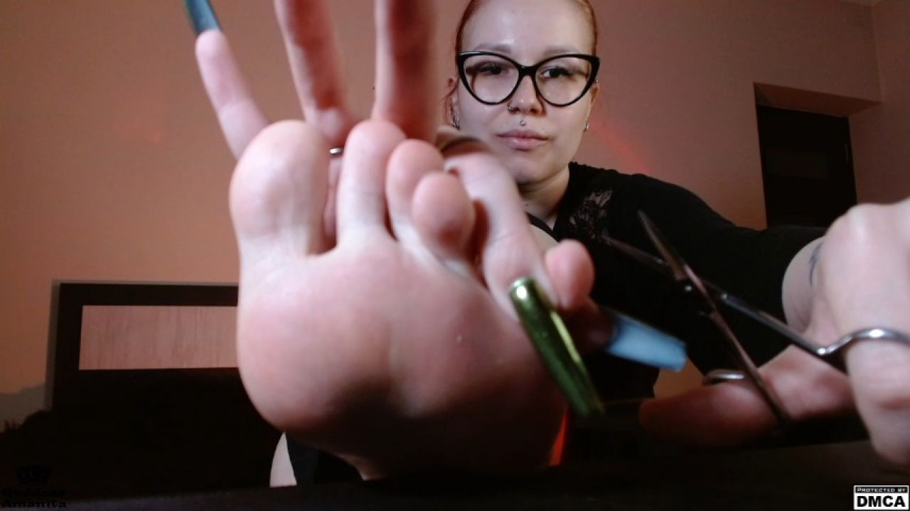 Mistress cuts her toenails and you clean her dirty soles