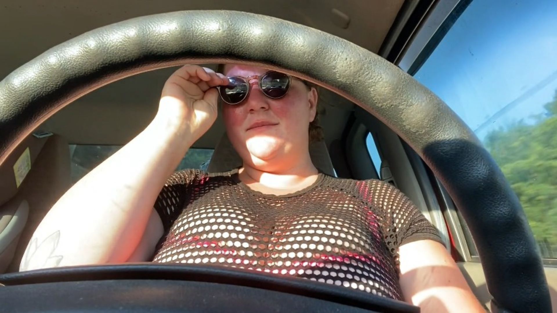 Driving the countryside in my fishnets