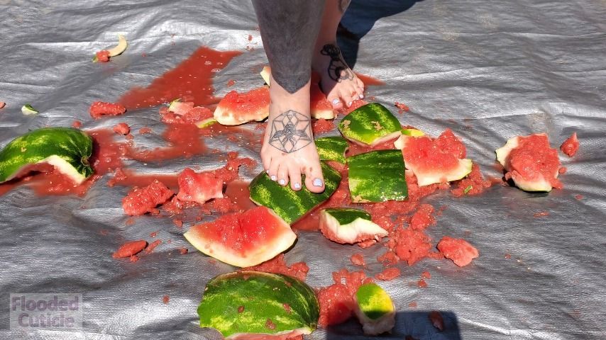 Full video crunching and stomping a watermelon