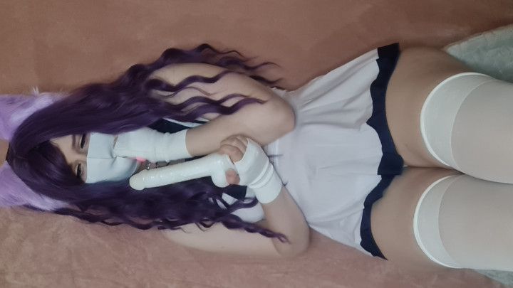 Kitten enjoys playing with her pearl dildo