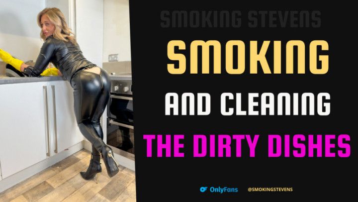 Smoking And Cleaning The Dirty Dishes With Rubber Gloves On