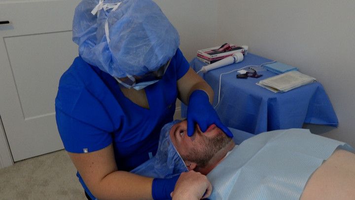 Patient worships Doctor Jess' tight surgical gloves