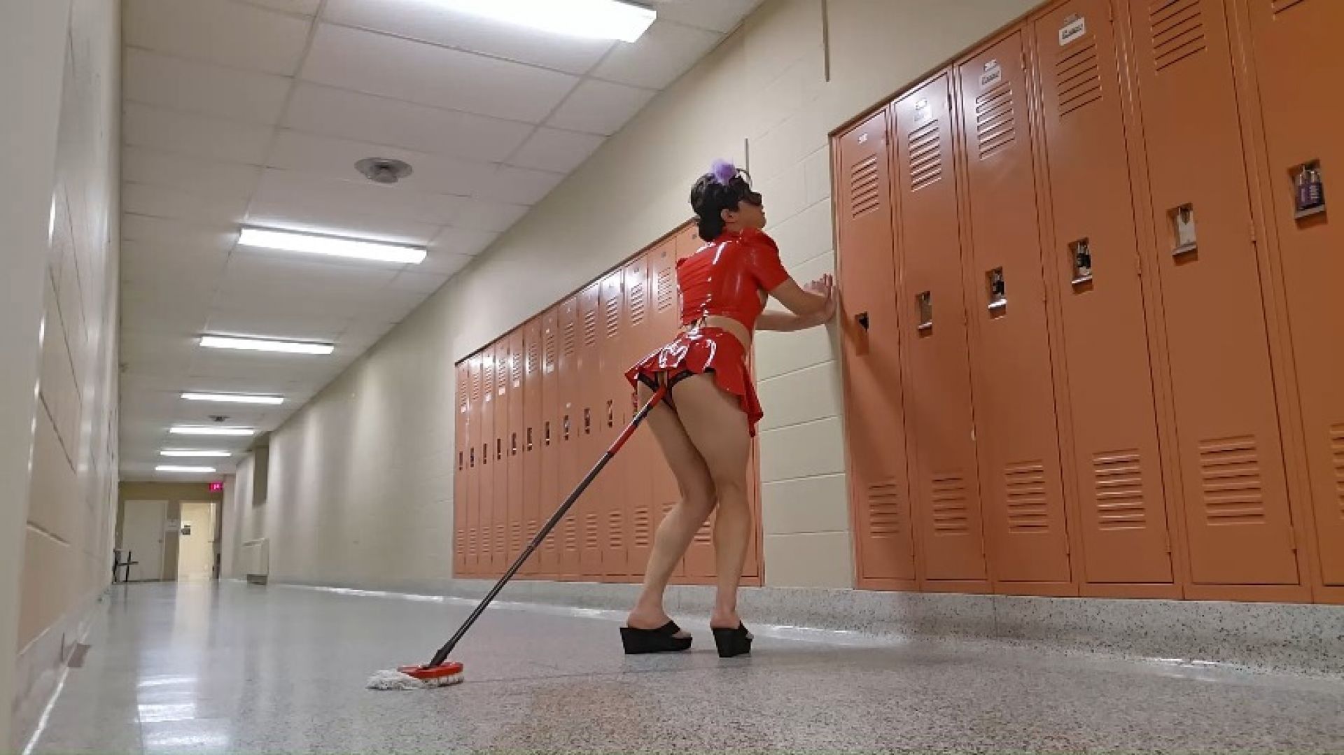 Anal mopping with a mop in Kitty's ass at school