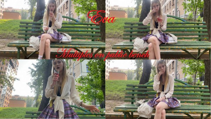 Eva smokes multiples on public bench