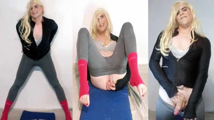 Blonde crossdresser touching herself in leggings