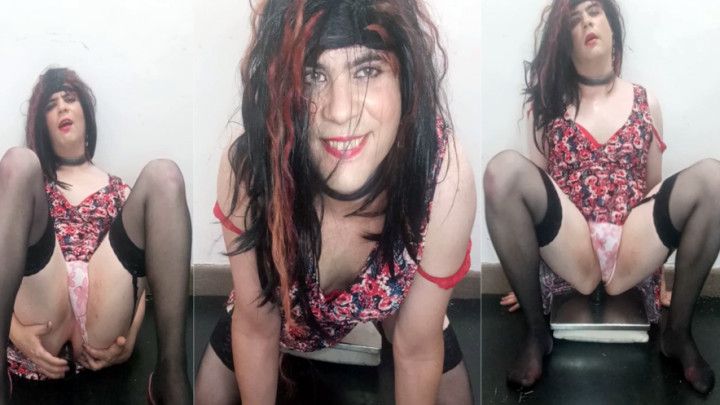 Pretty crossdresser fucking dildo in sexy dress