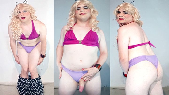 Crossdresser Strips and Touch Herself in Purple Bikini