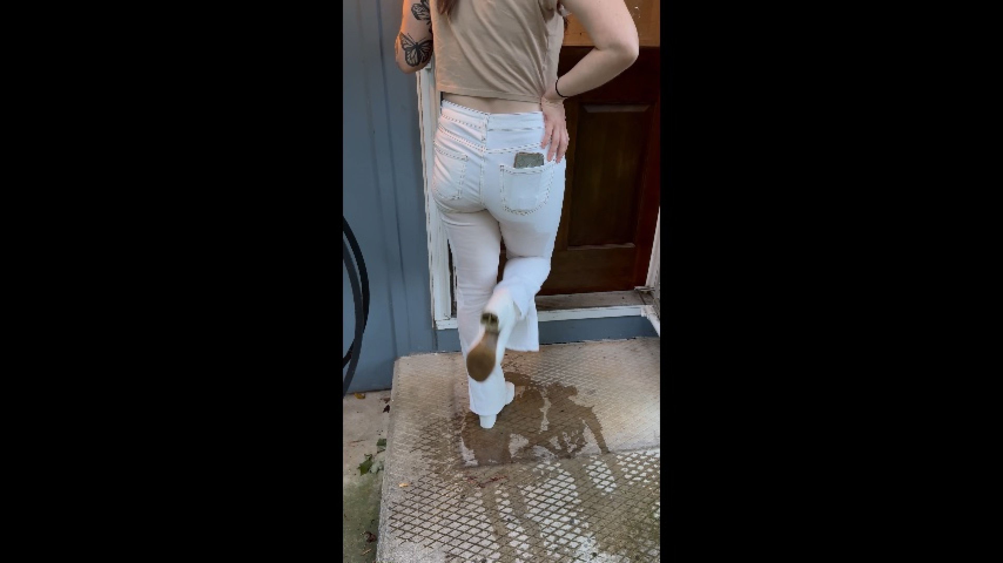 Locked out white jeans wetting