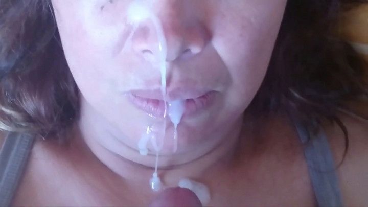 Stepson gives me full cumshots on my face, mouth, hairy puss