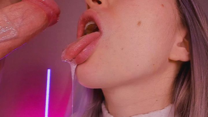 Close up bj with cum in mouth, swallow cum