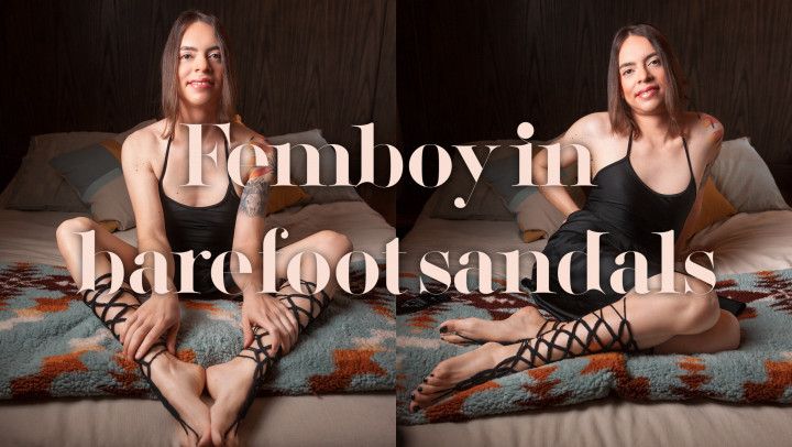 Femboy in barefoot sandals cums on feet