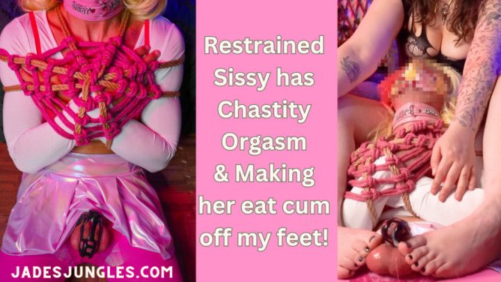 Restrained Sissy has Chastity Orgasm &amp; Eats it off my Feet