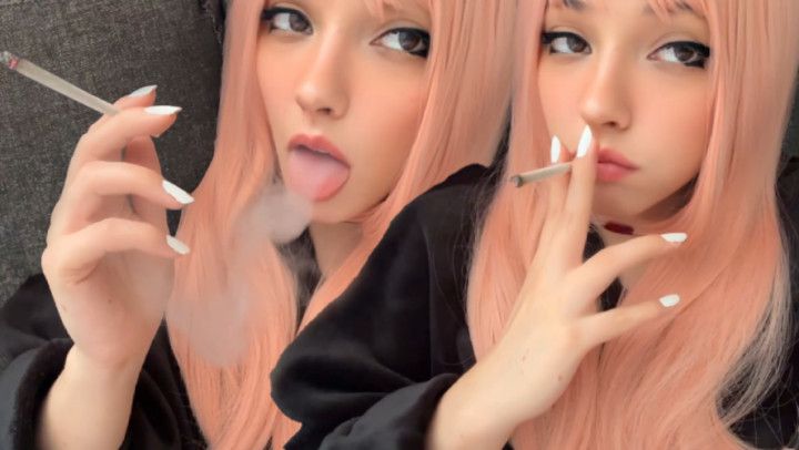 Cute Pink Egirl smokin up close and personal in your face