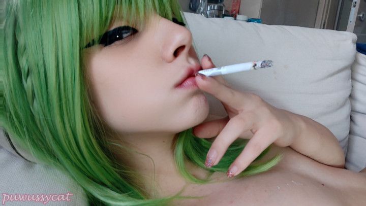 Green Anime Girl Smoking Close Up