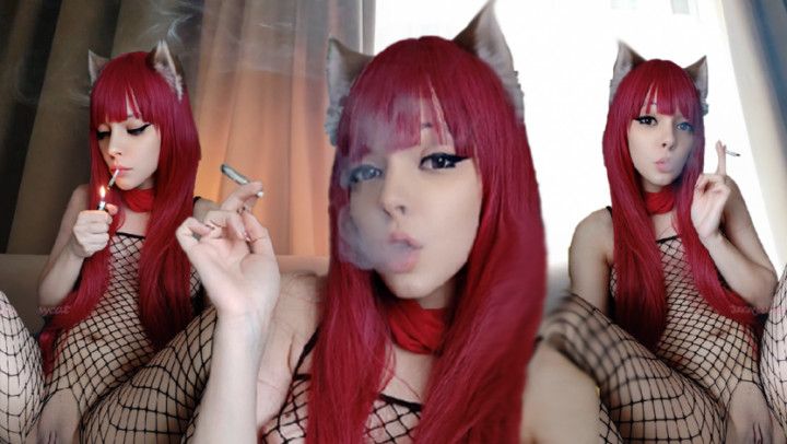 Adorable Egirl smoking in bodyfishnets and showing her pussy