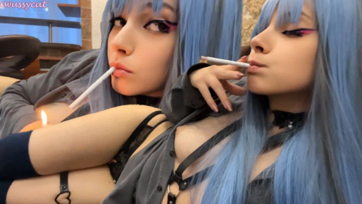 Blue Hair Step Sis Smoking for you with no bra