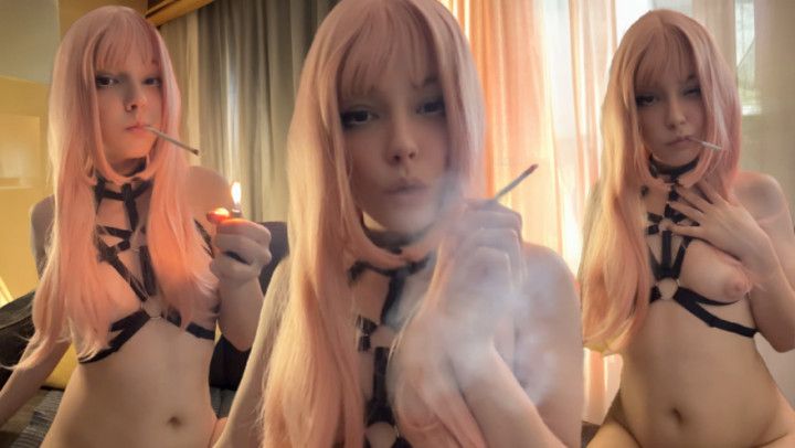 Sweet Egirl Smoking in harness