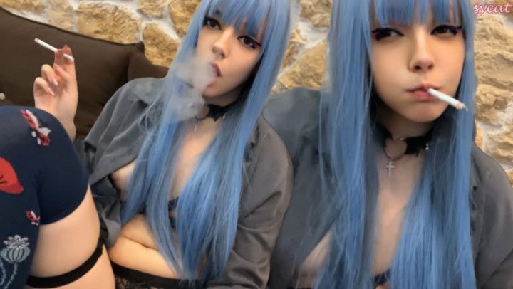 Goth Blue Hair Babe Smoking on sofa