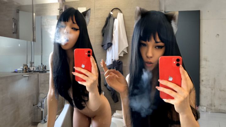 Goth Egirl Smoking naked in the mirror :3