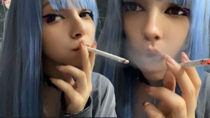 Blue Hair Goth Chick Smoking in bathroom