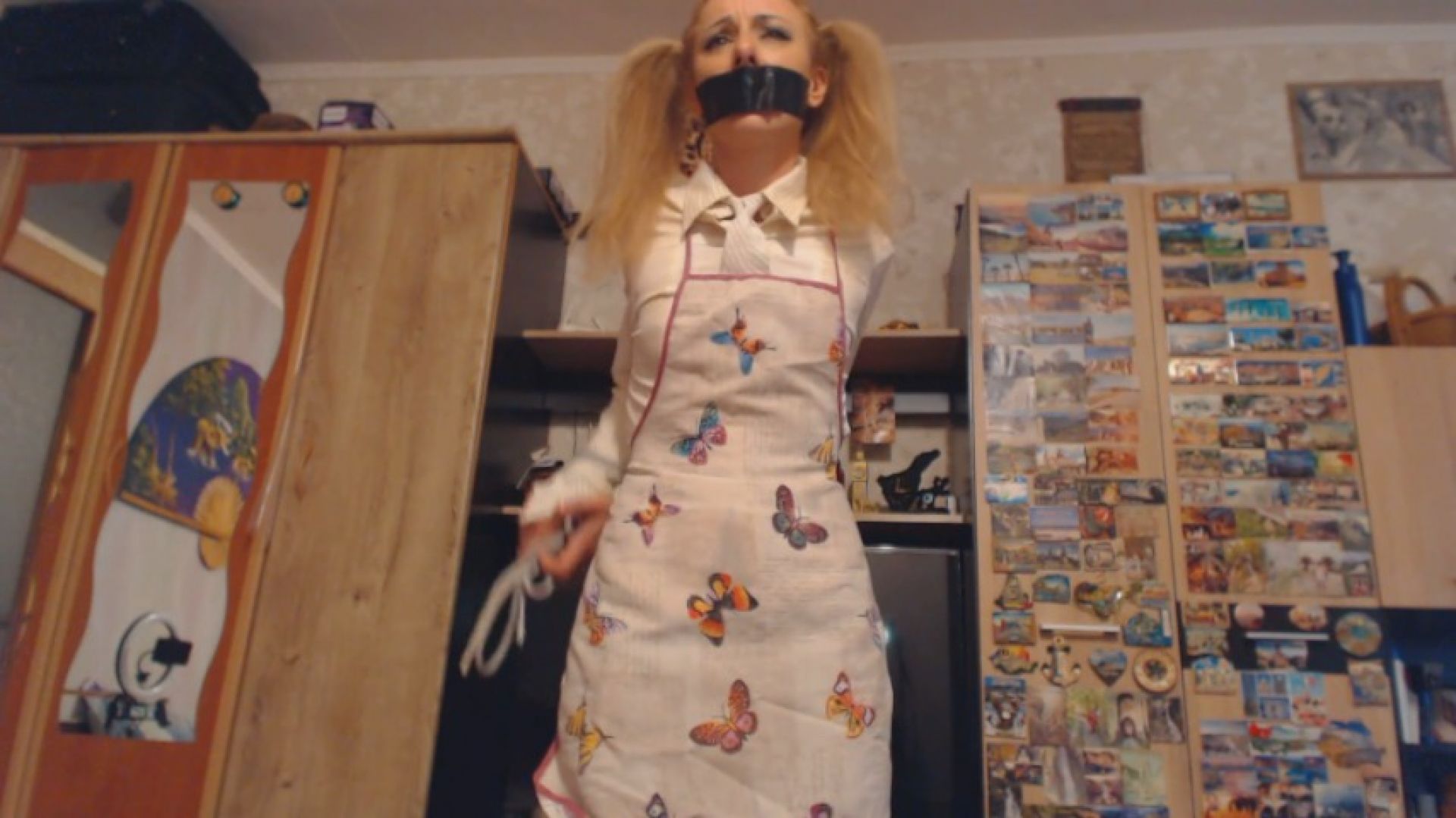 bondage, tape gag, school girl outfit, apron fetish