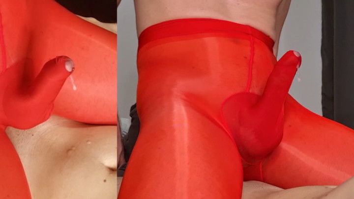 Cumming With Filled Ass In Red Nylon Bodysuit Stockings