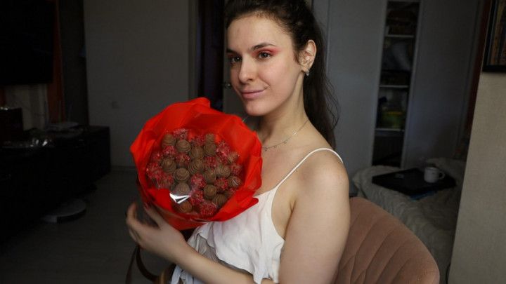 Goddess eats chocolate covered strawberries