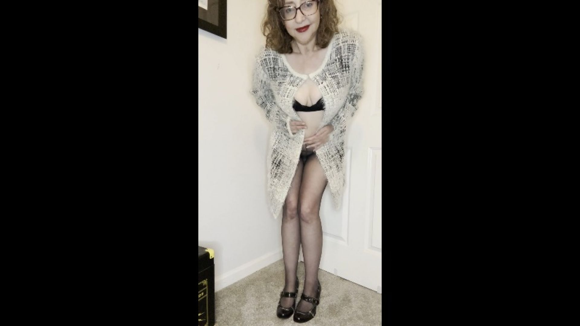 Fuzzy Sweater and Black Pantyhose