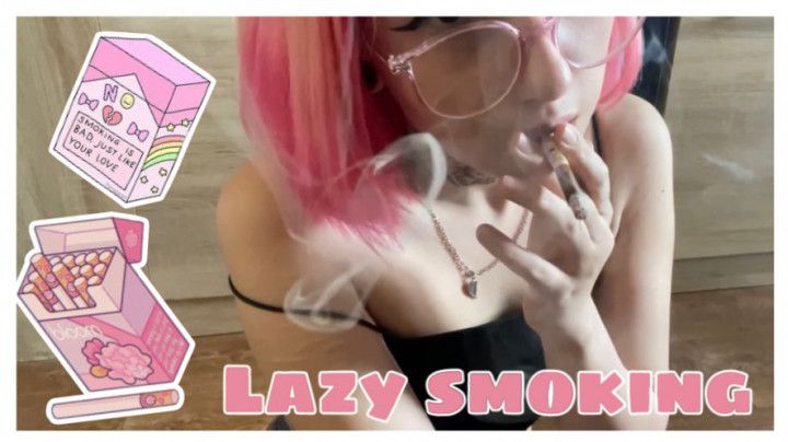 Schoolgirl lazily smokes in the kitchen