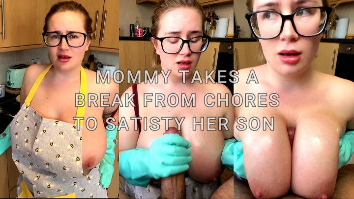 Mommy stops chores to tittyfuck and jerk off son