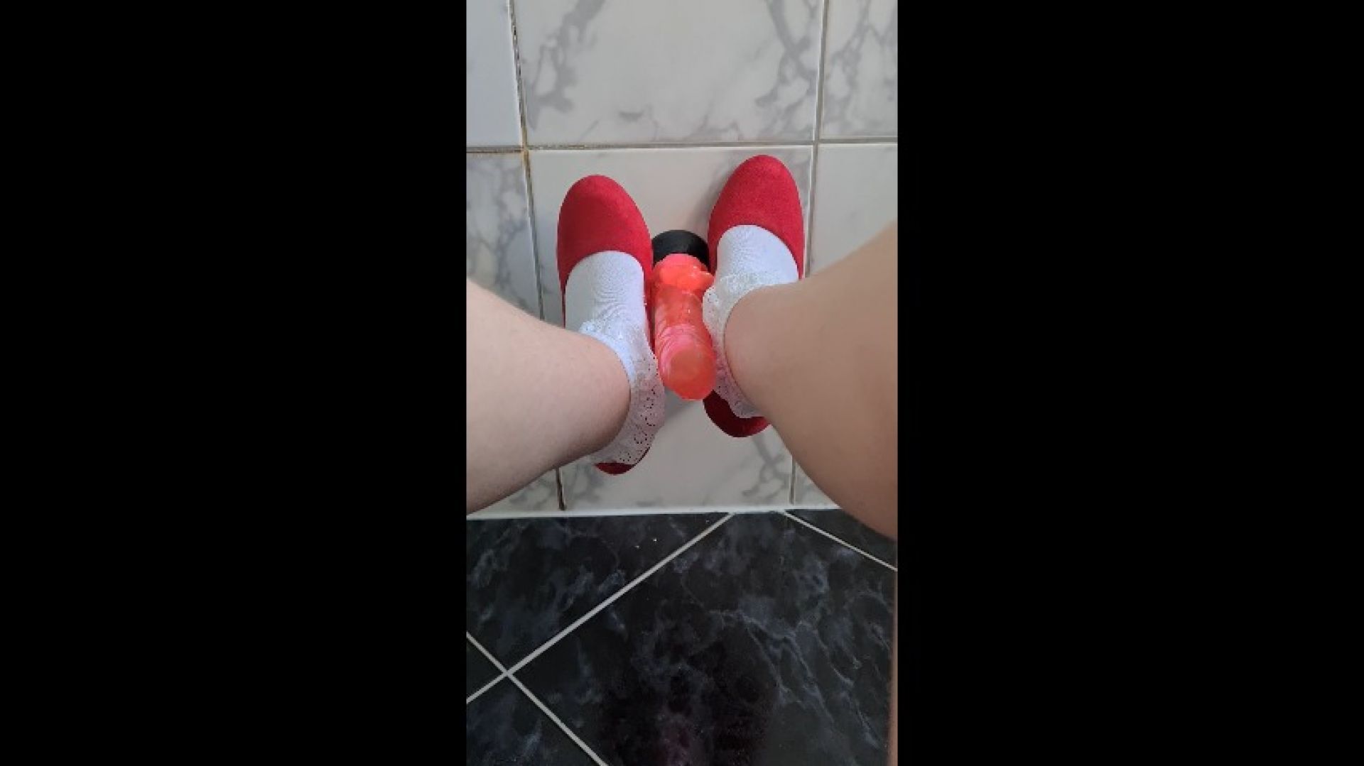Frilly socks in red high heels + Footjob Dildo