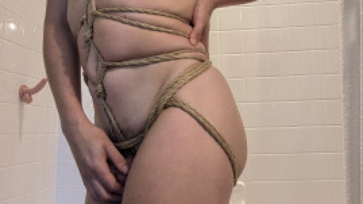 Horny Transgirl Cums in Rope Harness