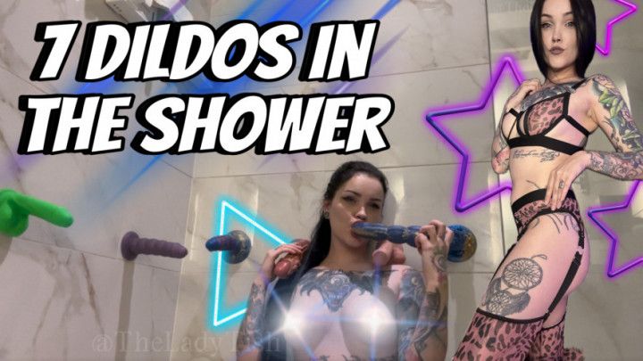 Petite Goth Sucks and Fucks 7 Dildos in the shower