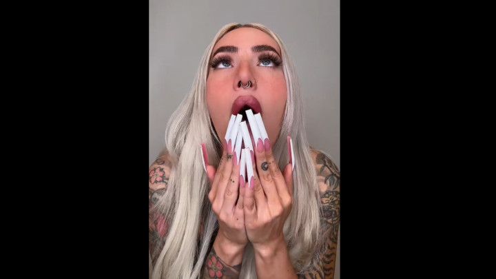 Nail licking with XXXL French nails in mouth ahegao bimbo