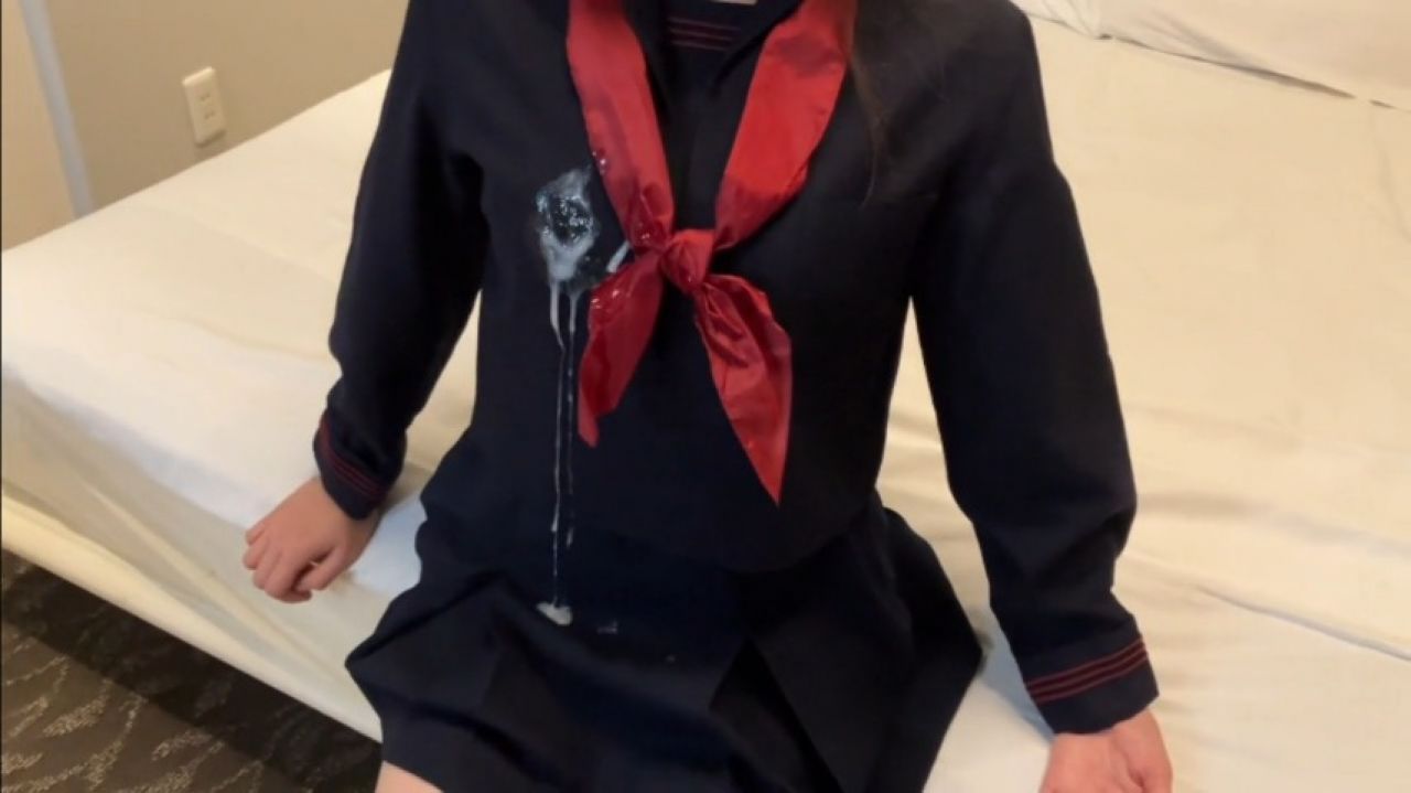 A lot of cum splashed on Japanese schoolgirl's uniform