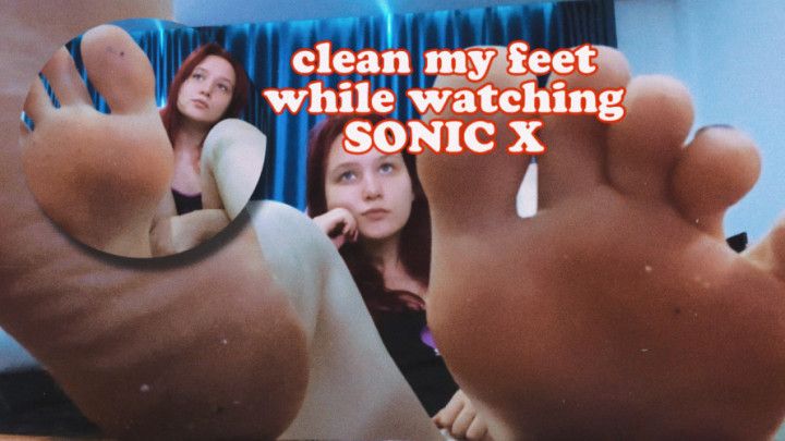 Redhead geek girl make you clean feet while watching Sonic X