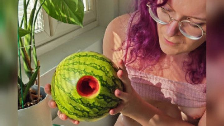 Tgirl drilling watermelon just for fun