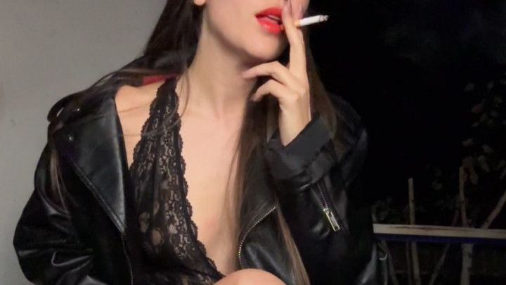 Smoking In Leather Lace And PVC Boots With Red Lips